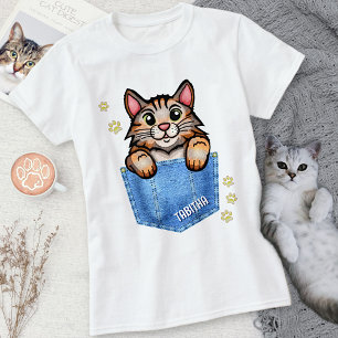 Calico Cat in Faux Denim Pocket met de Naam van de T-shirt
