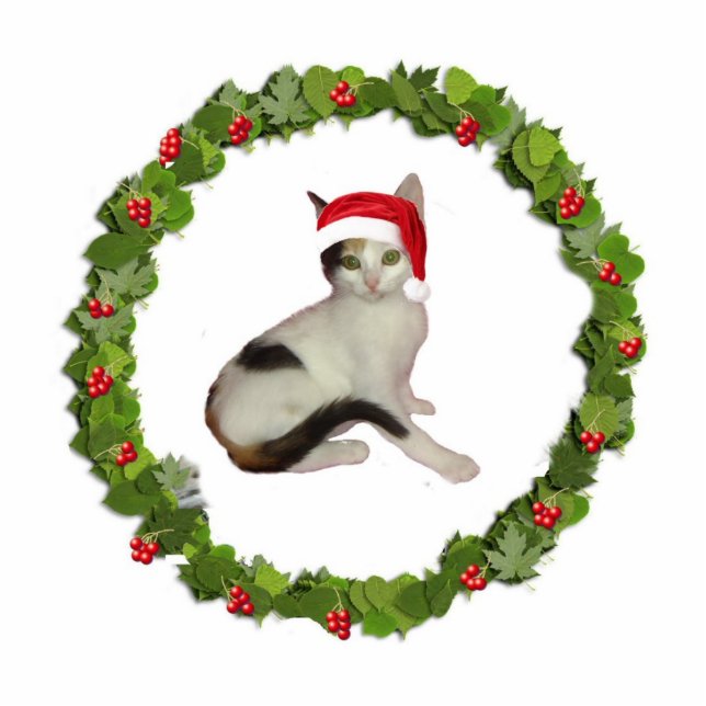 Calico Cat Kerstmis Wreath Fotobeeldje Ornament (Voorkant)
