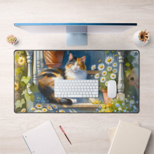 Calico Cat on Floral Porch Cottagecore Bureaumat