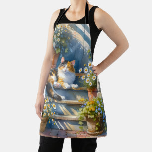 Calico Cat on Floral Porch Cottagecore Schort