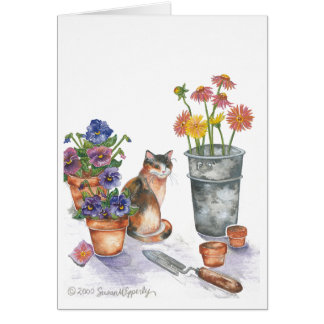 Calico Cat Pansies Daisies Aquarelle "Don Juan"