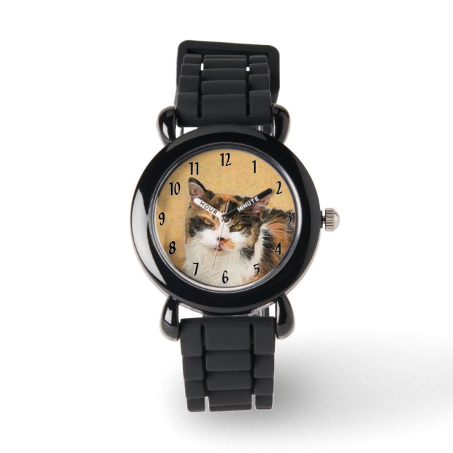 Calico Cat-schildering - Kute Original Cat Art Horloge (Voorkant)