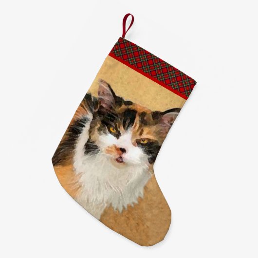 Calico Cat-schildering - Kute Original Cat Art Kleine Kerstsok (Voorkant (Hangend))