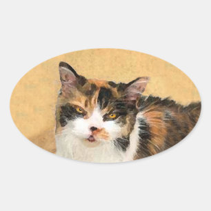 Calico Cat-schildering - Kute Original Cat Art Ovale Sticker
