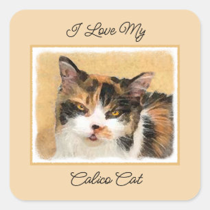 Calico Cat-schildering - Kute Original Cat Art Vierkante Sticker