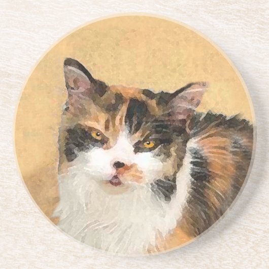 Calico Cat-schildering - Kute Original Cat Art Zandsteen Onderzetter (Voorkant)