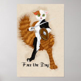 Calico Cat Warrior Grimalkin met Zwaard en Schild Poster