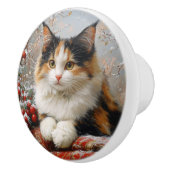 Calico Cat Winter Scene Schilderij Keramische Knop (Rechts)
