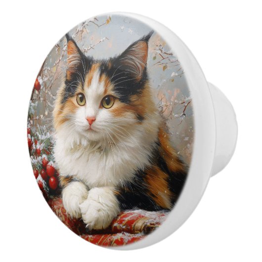 Calico Cat Winter Scene Schilderij Keramische Knop (Rechts)