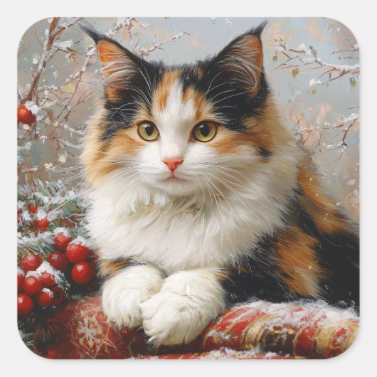 Calico Cat Winter Scene Schilderij Vierkante Sticker (Voorkant)