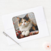 Calico Cat Winter Scene Schilderij Vierkante Sticker (Envelop)