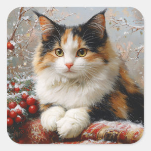 Calico Cat Winter Scene Schilderij Vierkante Sticker