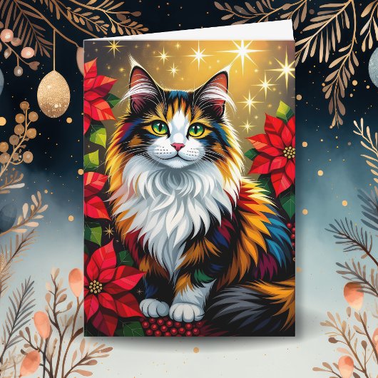 Calico Cat with Poinsettias Custom Christmas Feestdagen Kaart