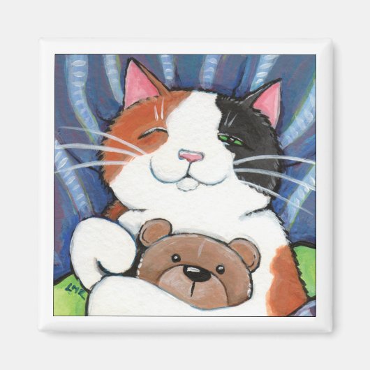 Calico Kat en Teddy Beer | Cat Art Magnet Magneet (Voorkant)