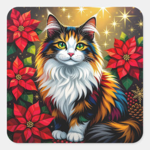 Calico Kat, Poinsettia's Rood en Goud Kerstmis Vierkante Sticker
