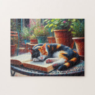 Calico Kat Slapen op een Boek Tuin Schilderij Legpuzzel