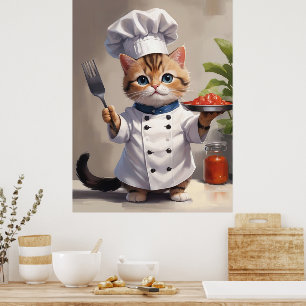 Calico Kitten Chef met Fork Schattige Bakken Poster