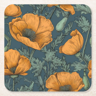 California Poppies Floral Coaster Vierkante Kartonnen Onderzetter