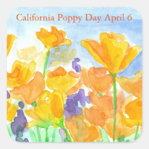 California Poppy Day Waterverf Flowers Vierkante Sticker