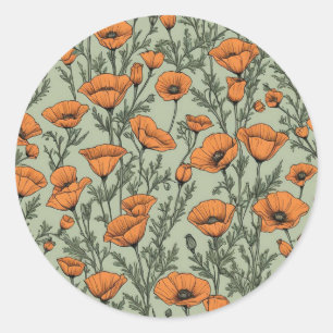 California Poppy Oranje bloempatroon Ronde Sticker