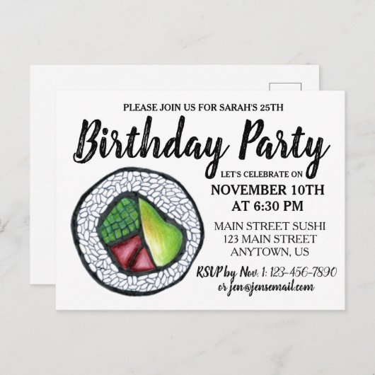 California Roll Japans eten Sushi Verjaardagsfeest Uitnodiging Briefkaart (Voorkant / Achterkant)