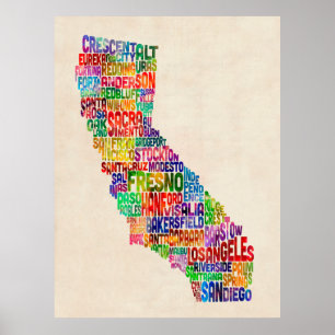 California Typography Text Map Poster