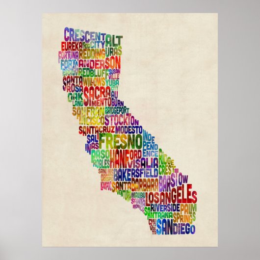 California Typography Text Map Poster (Voorkant)