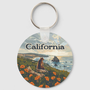 Californië Beer Poppies Flowers Coast Retro Sleutelhanger