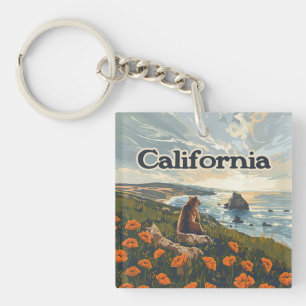 Californië Beer Poppies Flowers Coast Retro Sleutelhanger