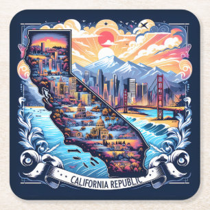Californië Kaart Vector Kunst Vierkante Kartonnen Onderzetter