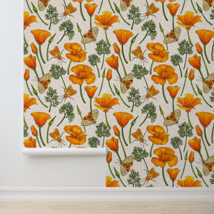 Californië klaprozen en motten op off white 2 behang