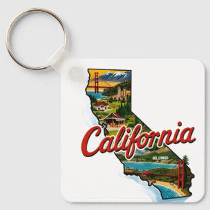 Californië Landmarks Kaart Illustratie–Retro Reize Sleutelhanger