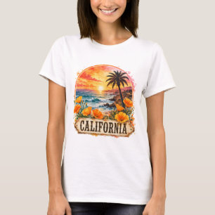 Californië Strand Bloem Tropisch Watercolor Ontwer T-shirt