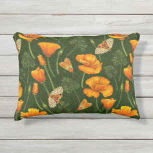 Californische papavers en motten op donkergroen buitenkussen