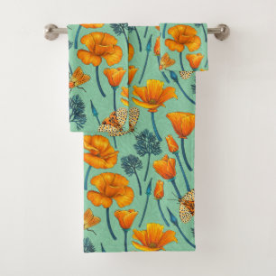 Californische papavers en motten op jade bad handdoek
