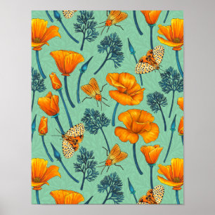 Californische papavers en motten op jade poster