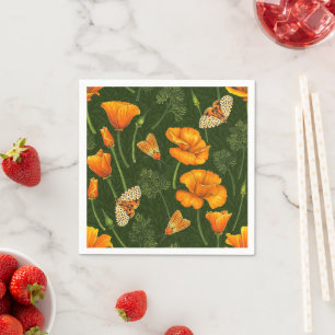 Californische papavers en motten op off white servet