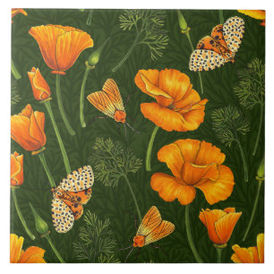 Californische papavers en motten op off white tegeltje