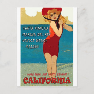Californische stranden, vrouw in rode zwemkleding briefkaart