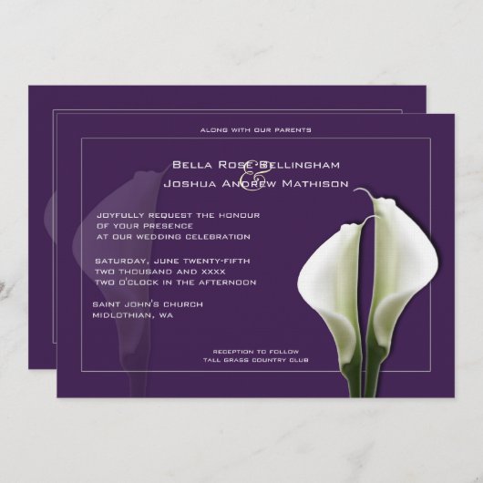 Calla Lilies Faire-part de mariage sur violet (Devant / Derrière)