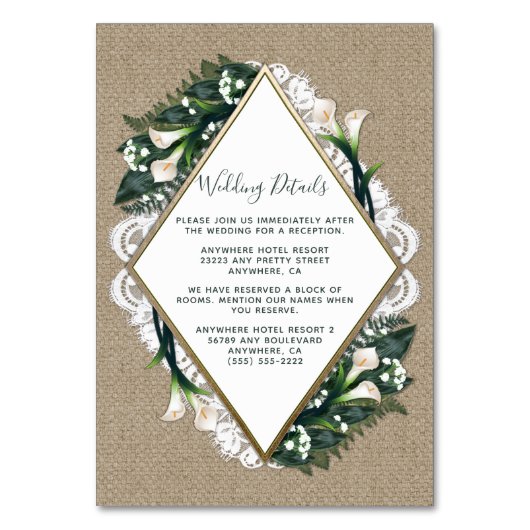 Calla Lily Burlap en Lace Trouwstok Kaarten (Voorkant)