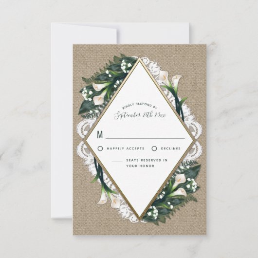 Calla Lily Burlap et Cartes RSVP de mariage de den (Devant)