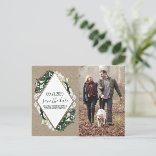 Calla Lily Burlap Lace Bruiloft Save the Date Kaar Aankondigingskaart (Staand voorkant)