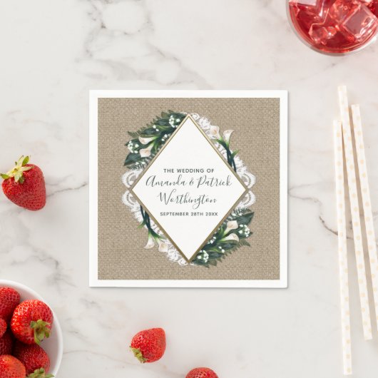 Calla Lily Country Burlap en kant bruiloft servett Servetten (Insitu)