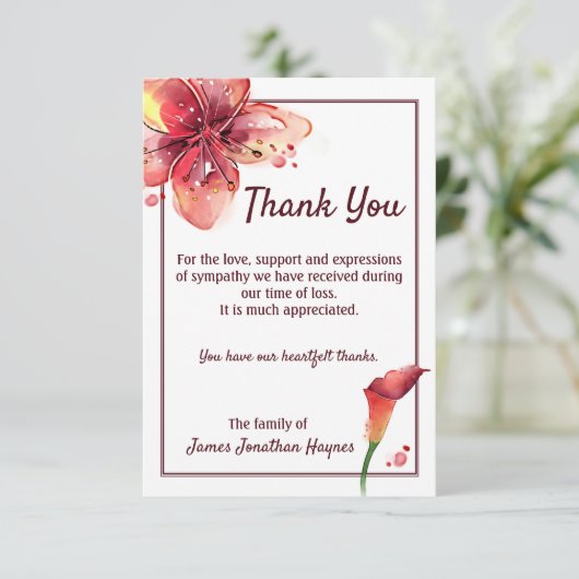 Calla Lily Dank u voor uw begrafenisbegrip Bedankkaart (Staand voorkant)