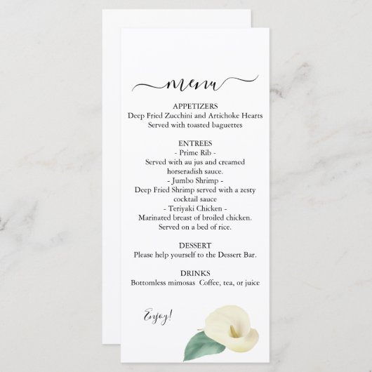 Calla Lily Green Menu Mariage (Devant / Derrière)