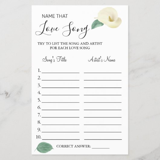 Calla Lily Naam dat liedje douche spel kaart (Voorkant)