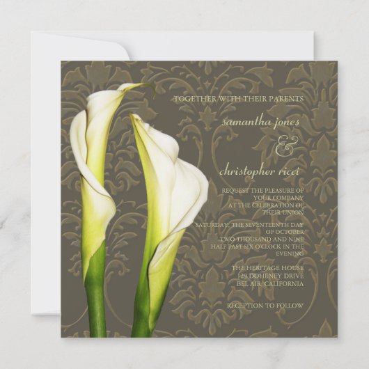 Calla lys sur damas, invitation de mariage (Dos)