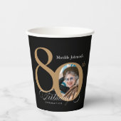 Calligrafie 80th Birthday Elegant Gold Black Photo Papieren Bekers (Voorkant)