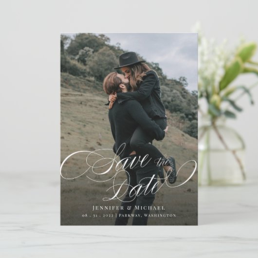Calligrafie Aangepaste fotobruiloft bespaart datum Save The Date (Staand voorkant)